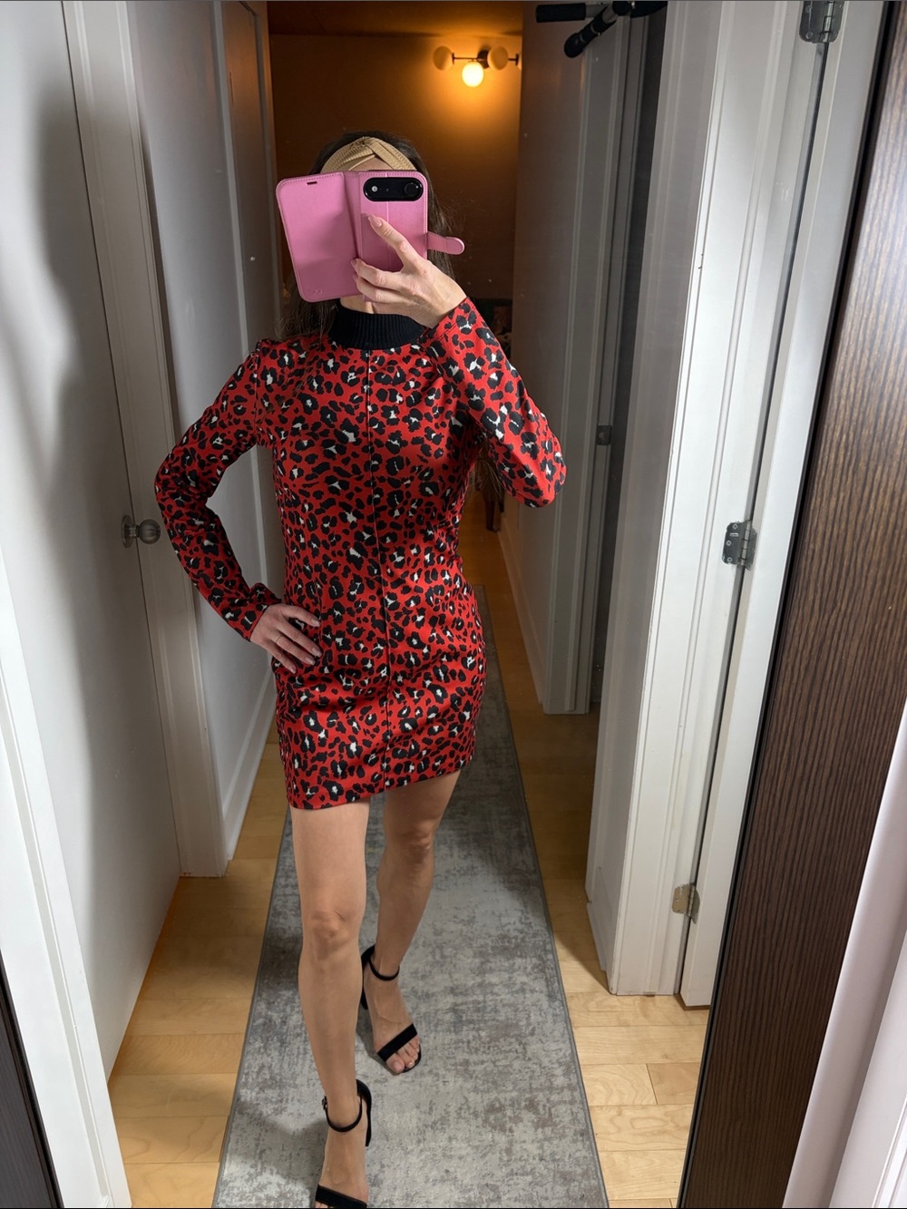 Zara Red Leopard Print Long-Sleeve Mini Dress